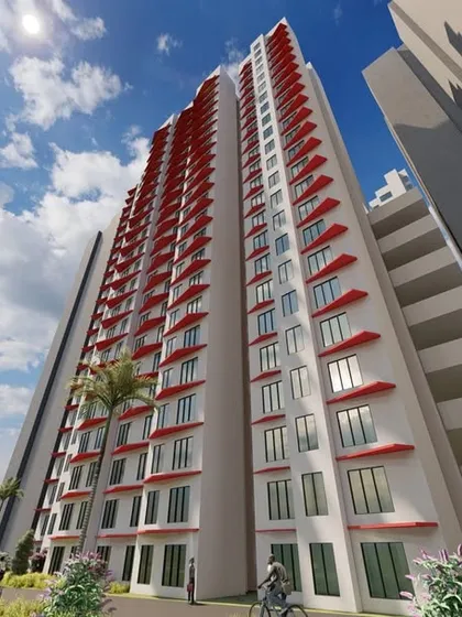 Another facade concept study, showing a low-angle view of a tower with striking red angled canopies. This type of experimentation allows us to explore bold aesthetic choices and their impact on a building's character.