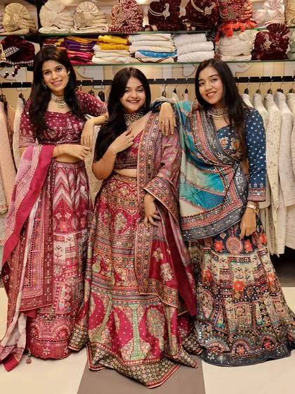 Getting ready with your friends is part of the fun. Here are three distinct lehenga styles from my collection, showing the variety of colors and patterns available, whether you want a coordinated look for your bridesmaids or just a standout outfit for yourself.
