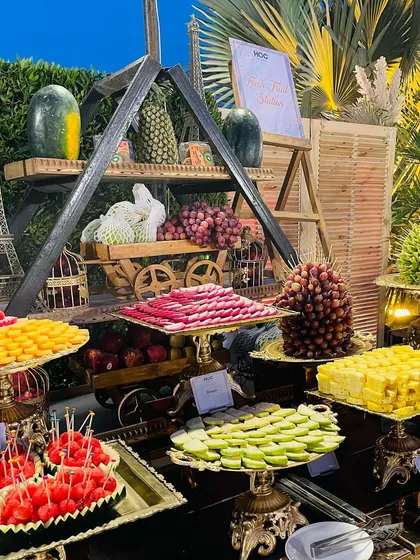 We believe in celebrating nature's sweetness. This spectacular fruit display features an abundant selection of local and exotic fruits, from watermelon and pineapple to grapes and guava, all artfully arranged for a healthy and refreshing option.
