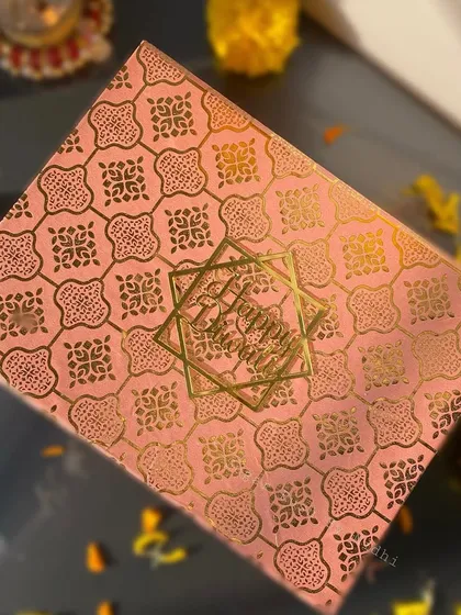 The beautiful pink and gold box for my assorted Diwali brownies. The packaging is designed to make your gift feel extra special.