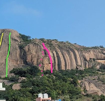 An overlay showing the lines of the new routes on Mahout Rock. This helps climbers visualize the climbs and plan their day.