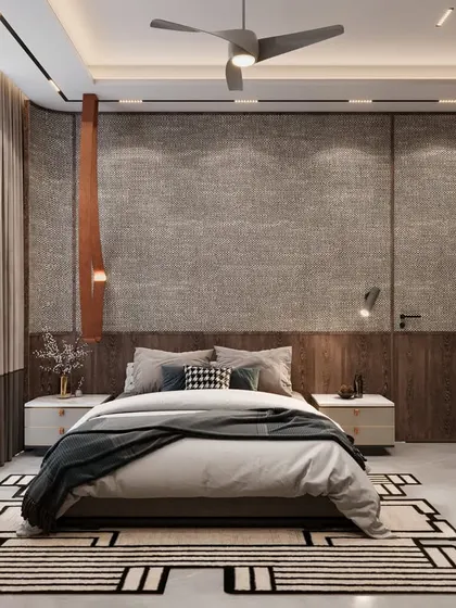 For the parents' room at Amaryllis, we used a monochromatic theme with fabric wallpaper to create a neat and classy vibe. The simple but stylish approach gives the room a peaceful and calming feel.