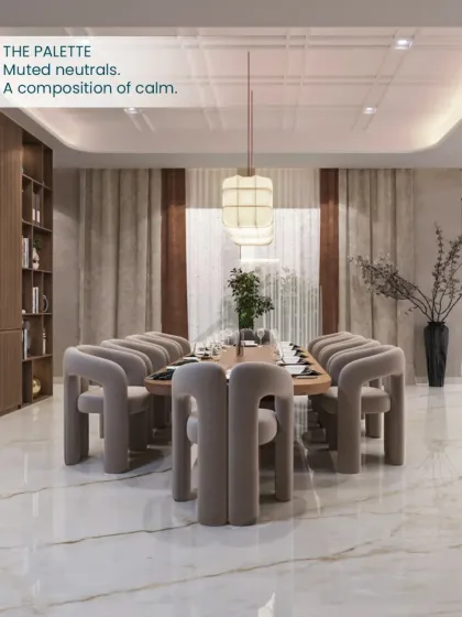 The palette for this dining room is a composition of calm, muted neutrals, allowing the forms and textures of the furniture to stand out.