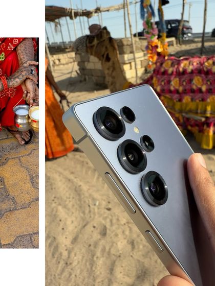A street portrait session in Porbandar, highlighting the Samsung phone's camera. This image combines travel, human subjects, and technology to tell a multi-layered story.