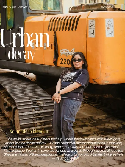 An 'Urban Decay' magazine page that's not made to blend in. This street style shot uses an industrial backdrop to tell a story of rebellion and grit.