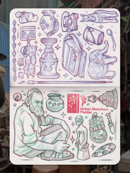 This is a full two-page spread from my sketchbook after a day at Chor Bazaar. I filled the pages with drawings of various antiques, architectural details, and a portrait of a shopkeeper I met. It’s a collection of small moments and objects that together tell the story of the place.