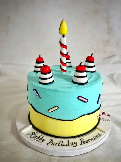 A comic cake! This fun trend uses black lines to make a real cake look like a 2D cartoon. This one had a mocha caramel crunch flavor.