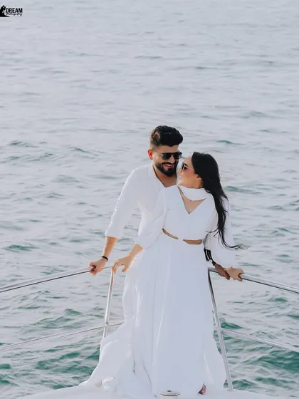 Sailing into forever. A luxury yacht shoot in Dubai offers a glamorous and unforgettable pre-wedding experience, with the endless sea and city skyline as your backdrop.