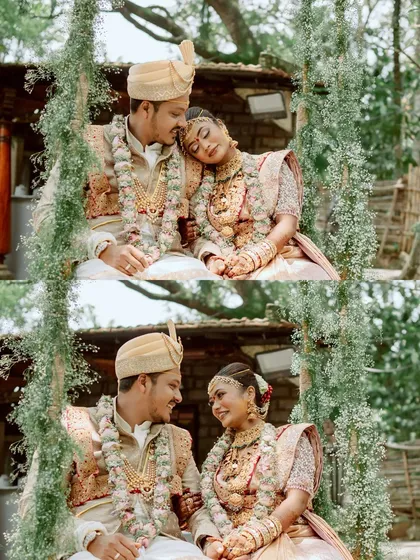A collage of a couple sharing tender moments on the swing, capturing their loving glances and gentle smiles.