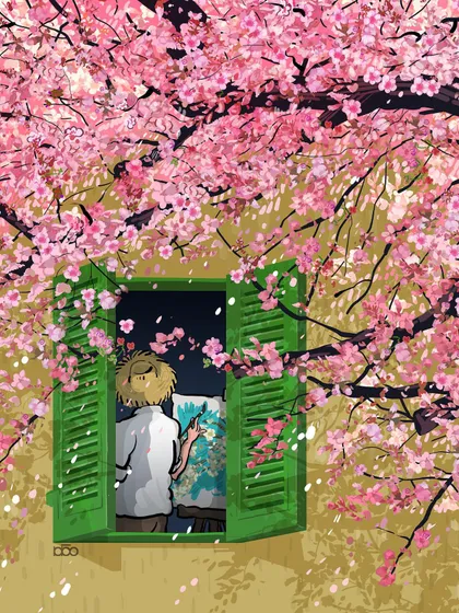 The artist is seen through a window, painting inside his room, while outside, beautiful pink blossoms frame the scene. It speaks to the act of creation happening in private, nurtured by the beauty of the outside world.