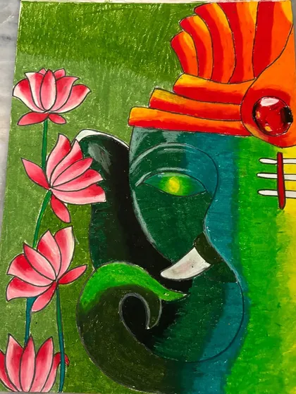 A close-up of the Ganesha and lotus drawing, highlighting the beautiful blending of colours and the peaceful expression of the deity.