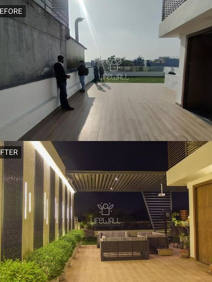 This before-and-after shows the power of good design. We transformed a plain, decked area into a sophisticated outdoor lounge with a new pergola, feature wall, and ambient lighting.