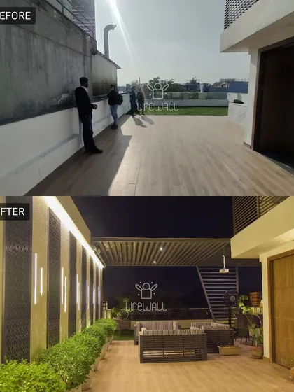 This before-and-after shows the power of good design. We transformed a plain, decked area into a sophisticated outdoor lounge with a new pergola, feature wall, and ambient lighting.