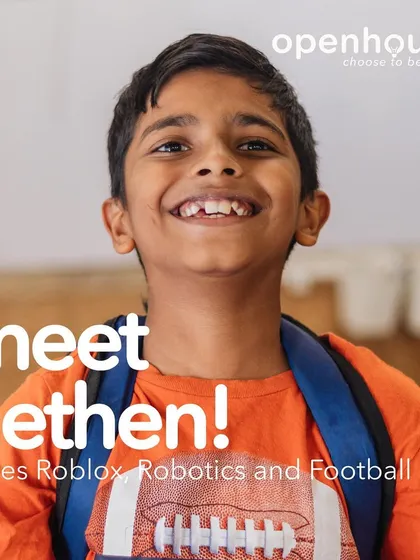 Aethen is all smiles, backpack on and ready for his next adventure in robotics. He loves Roblox, football, and building things that move.