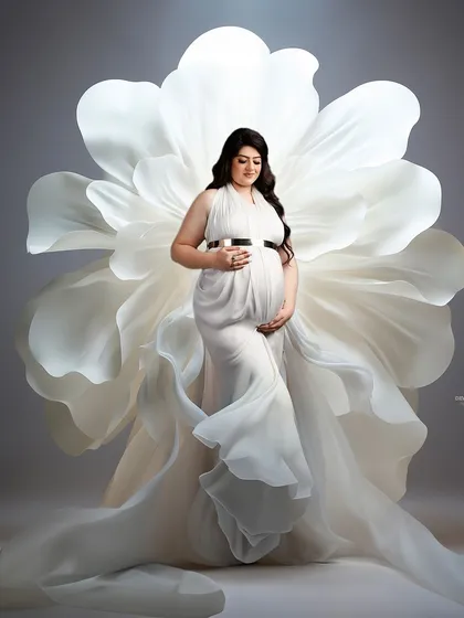 Here I've used a giant white fabric flower as a backdrop to create a unique, high-fashion look. The simple white gown allows the prop and the mother's silhouette to be the stars of the portrait.
