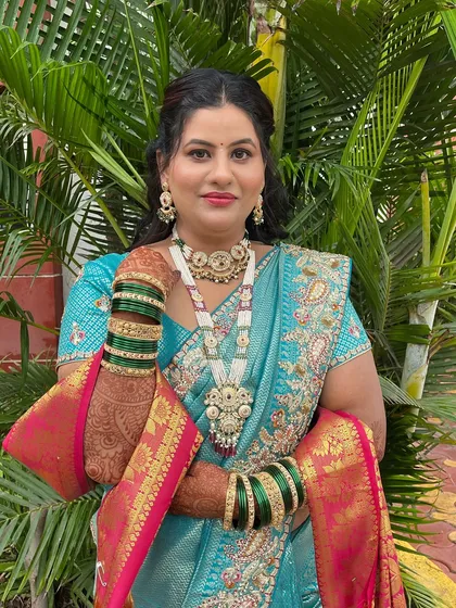 The complete engagement look, with the bride looking happy and confident.