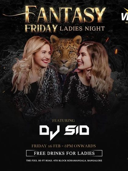 A flyer for 'Fantasy Friday' Ladies Night, promising an unforgettable party vibe.