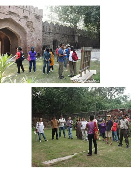 Two scenes from a walk at Kashmiri Gate, showing groups listening to the history of the 1857 revolt. The open green space was once a scene of intense fighting.