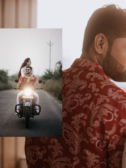 A beautifully lit collage combining a profile shot of the groom with a romantic photo of the couple on a bike.