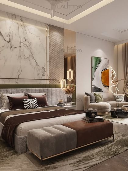 A beautifully appointed bedroom showcasing our signature style of quiet luxury. This space combines layered textures, a soothing color palette, and bespoke furniture to create a personal sanctuary for rest and relaxation.