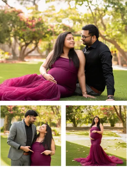 A collage from a beautiful outdoor maternity session. It showcases a variety of poses, from couple shots on the grass to elegant solo portraits in a vibrant magenta gown.