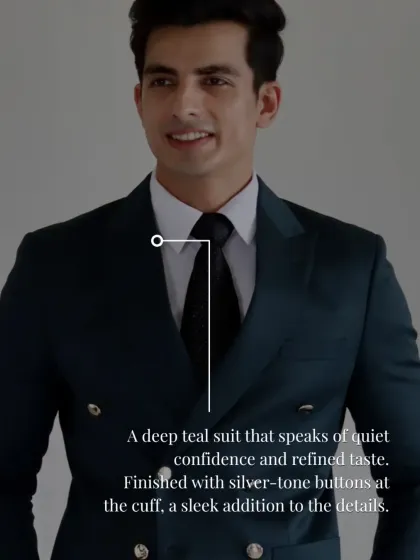 A detailed graphic of the deep teal suit, highlighting its refined taste and the sleek addition of silver-tone buttons at the cuff.
