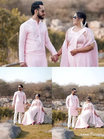 A collage of moments from a pastel-themed Haldi ceremony, showing the couple holding hands and enjoying the serene outdoor setting.