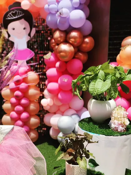 Potted plants and small decorative items are placed thoughtfully to enhance the overall look and feel of the party space.