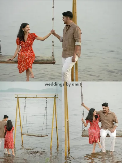A dreamy pre-wedding shoot featuring a swing in the water. This collage shows the couple enjoying this unique and romantic setup.
