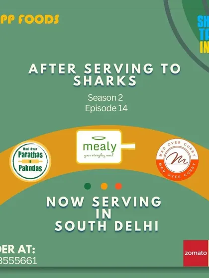 After serving the sharks, we expanded our delivery services to South Delhi. This graphic celebrates our journey from the show to bringing our food to new neighbourhoods.