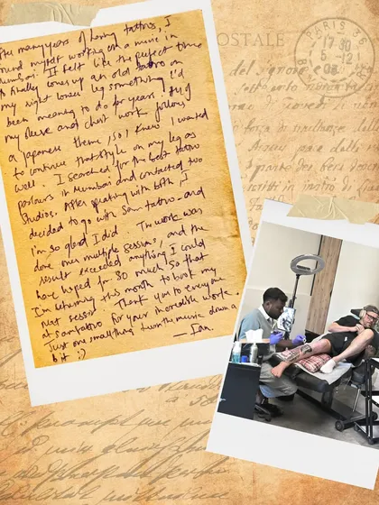 Ian's handwritten story about his search for the right studio and his incredible experience getting his Japanese leg sleeve.