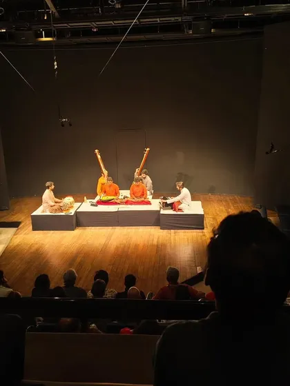 A view from the audience at the 'Udayswar' concert, showcasing the intimate and focused atmosphere of Prithvi Theatre.