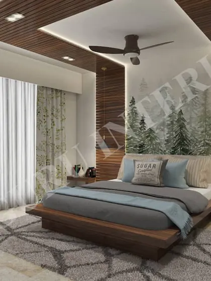 An alternate view of the nature-themed bedroom concept, showing how we present different angles to ensure the client is happy with every detail before implementation.
