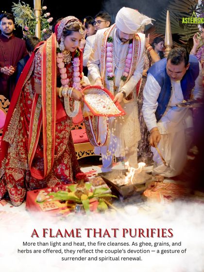 The Havan Kund is the sacred center of a Hindu wedding. This shot shows the couple making offerings to the fire, a gesture of spiritual renewal.