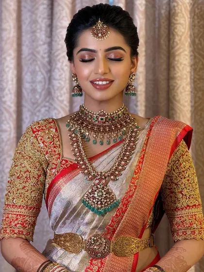 An eyes-closed portrait that beautifully showcases the soft, blended eyeshadow and the radiant glow of the bride's skin.