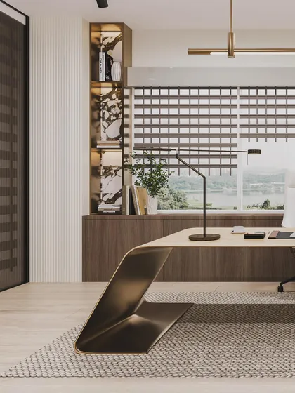 A sleek MD cabin with a sculptural desk and a large window. The render focuses on the clean lines and the sophisticated material palette.