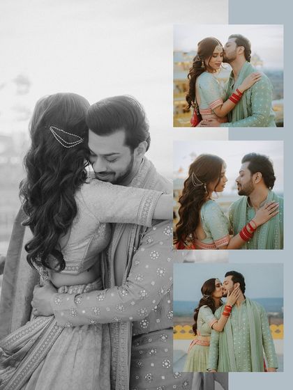 A collage of romantic couple moments, including hugs and kisses, in both color and black and white.