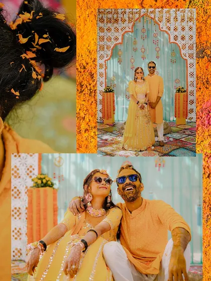 A fun and quirky portrait from the Haldi ceremony. The sunglasses add a cool factor to the traditional yellow outfits, showing the couple's playful side.