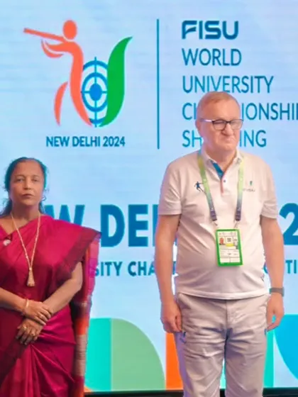 Officials at the 10M Air Rifle Women's medal ceremony. We ensure that every ceremony is conducted with the dignity and honor befitting a world championship.