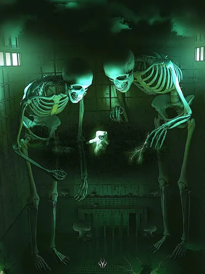 A more surreal concept of two giant skeletons in a green-lit asylum room, seemingly playing with a miniature ghost. This piece blends macabre imagery with a touch of the fantastical, showing my ability to create imaginative horror scenes.