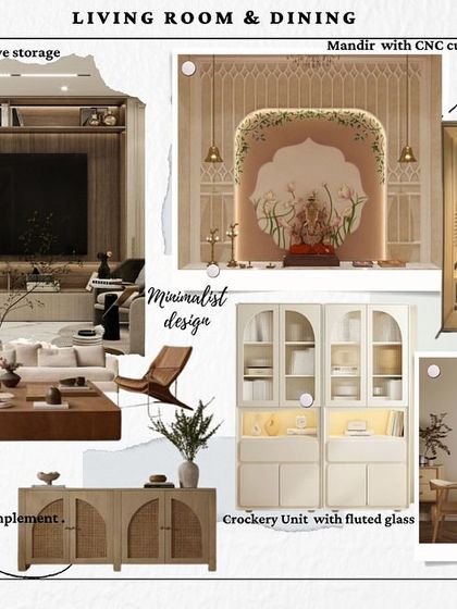 This mood board for a living and dining room showcases a minimalist design. It includes a sofa set with natural textures, a TV unit, a dining table, and a beautiful mandir with a CNC cut and wallpaper background.