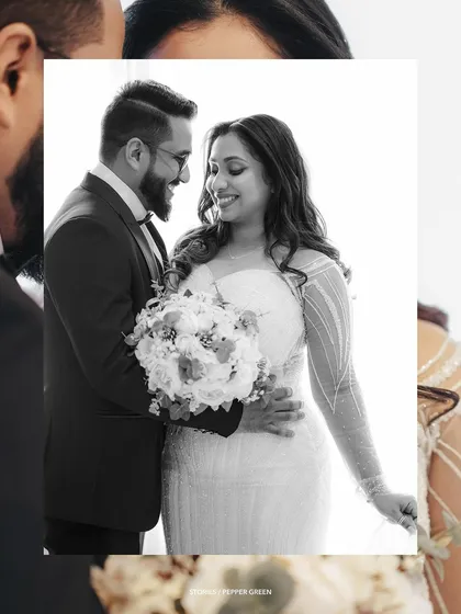 A classic black and white portrait of the couple, framed creatively to feel like a memory being captured.