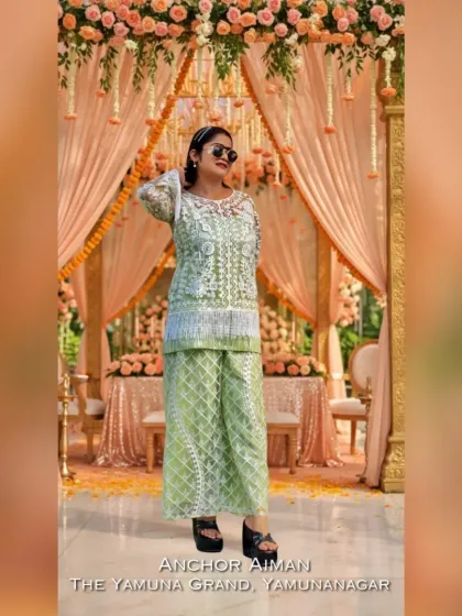 Haldi hues and happy hearts in Yamunanagar. My pastel green outfit stood out beautifully against the peach and floral backdrop of the stage.