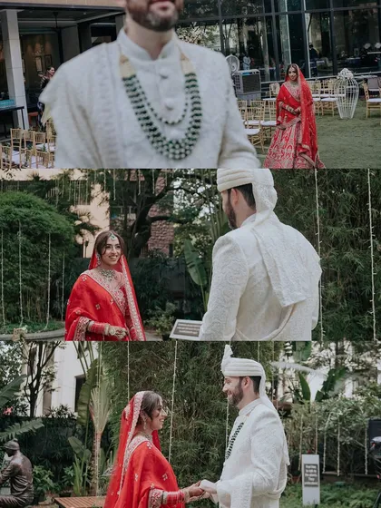 A "first look" sequence. This collage tells the story of the groom's anticipation, the bride's approach, and their emotional first meeting on the wedding day.
