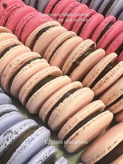 Our eggless macarons are a testament to our craft. We ensure each one has a perfectly crisp shell, a chewy texture, and a generous, flavorful filling. They are little bites of colorful, handmade luxury.