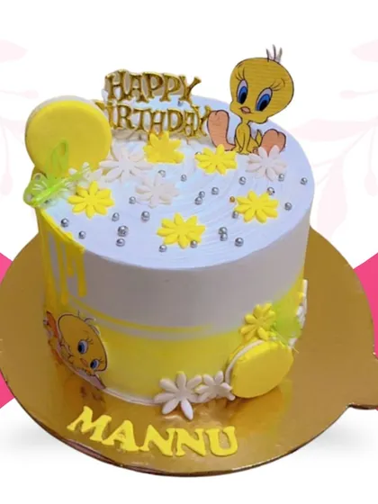A sweet and cheerful Tweety bird themed cake, perfect for cartoon lovers. This 1.5-pound butterscotch cake is decorated in bright yellow and white, with a cute Tweety topper and personalized with the birthday person's name.