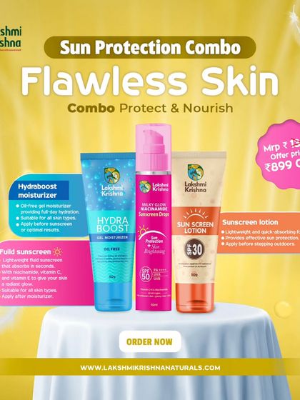 Our Sun Protection Combo, featuring the Hydraboost Moisturizer, Milky Glow Sunscreen Drops, and Sunscreen Lotion SPF 30. This kit provides complete hydration, nourishment, and protection for flawless skin.