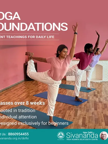 We guide you through the 12 basic asanas with a focus on proper form and alignment. Here, students practice Natarajasana (Lord of the Dance Pose), developing balance and concentration.