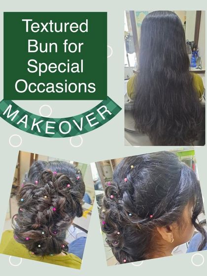 A textured bun created for a special occasion. This intricate updo uses twists and loops to create a complex, beautiful design, finished with colorful pins.