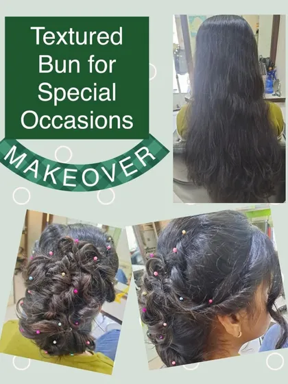 A textured bun created for a special occasion. This intricate updo uses twists and loops to create a complex, beautiful design, finished with colorful pins.
